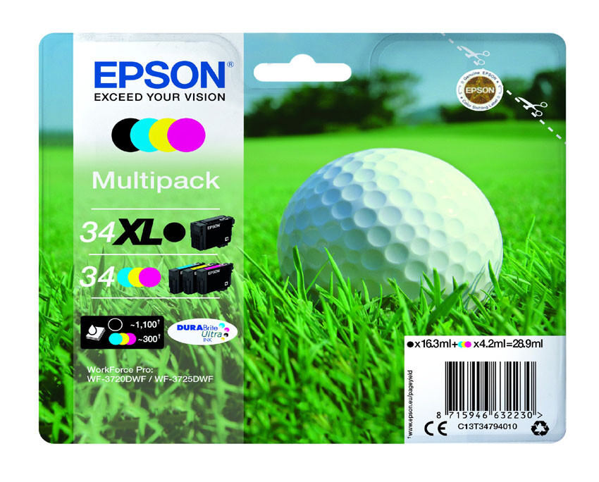 Epson 34XL Original Ink Cartridge C13T34764010 Black, Cyan, Magenta, Yellow Pack of 4 Multipack (copy)